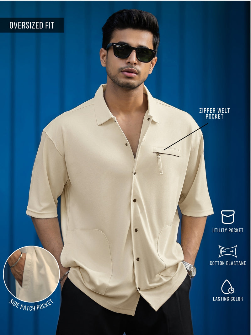 Cream half sleeve down pocket shirt for men