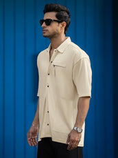 Cream half sleeve down pocket shirt for men - view 3