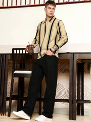 Cord Stripe Beige Full Sleeve Polo T-Shirt