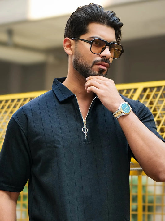 Brooklyn Half Zipper Black Polo Half Sleeve T-Shirt