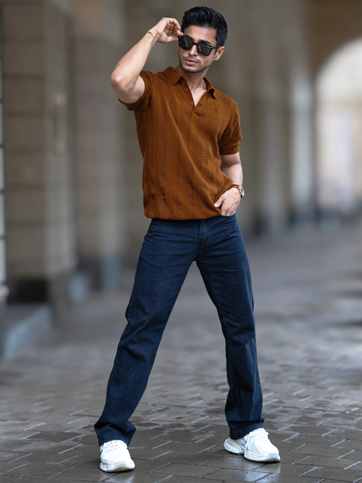 Brown half sleeve bohemian crochet t-shirt for men - view 7