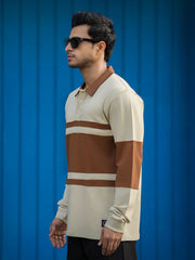 Block Panel Beige Full Sleeve Polo T-Shirt