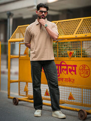 Brooklyn Half Zipper Beige Polo Half Sleeve T-Shirt