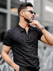 Diamond Knit Black Slim Half Sleeve Polo T-Shirt