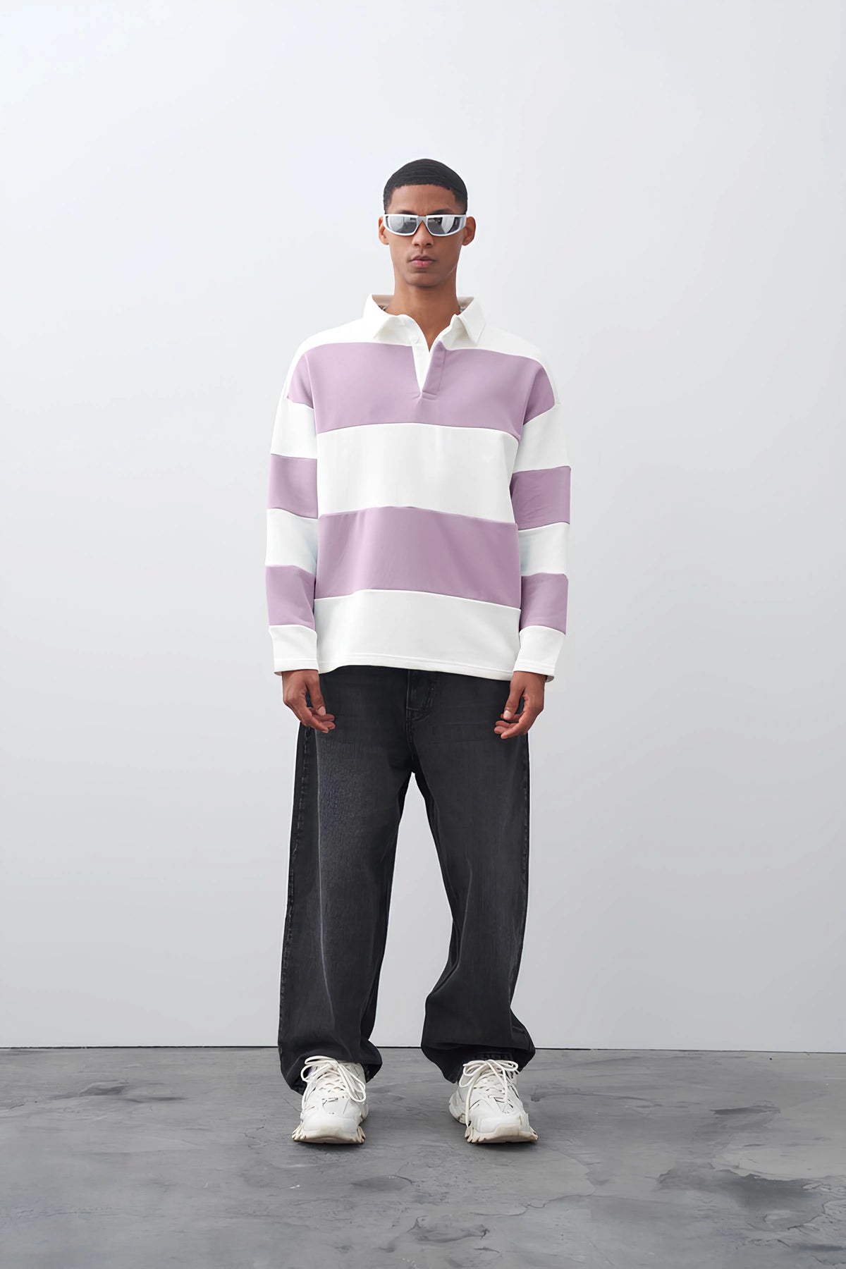 Lavender full sleeve colorblock white polo t-shirt for men - view 4