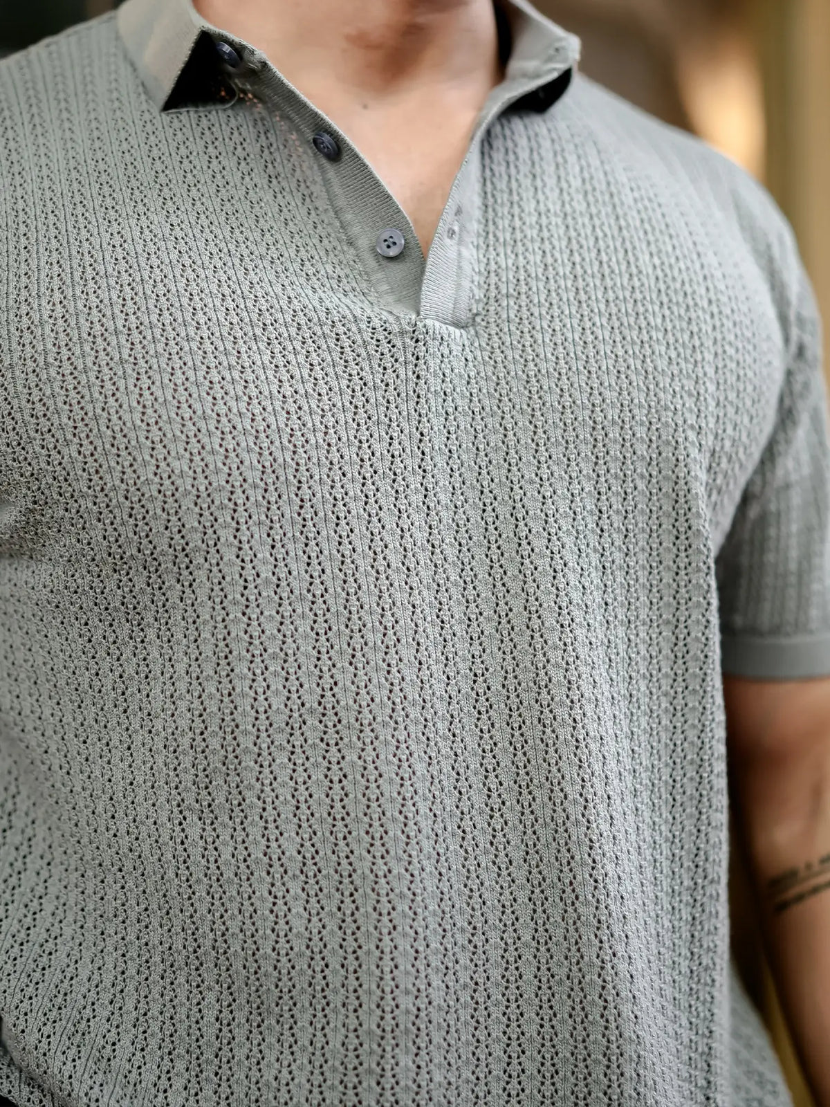 Grey half sleeve classic rib knit polo t-shirt for men - view 4