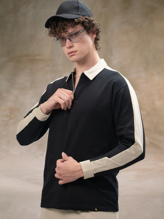 Sleeve CutPanel Black Full Sleeve Polo T-Shirt