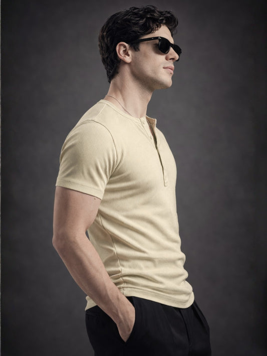 Biscuit Ribbed Henley Neck Half Sleeve T-Shirt