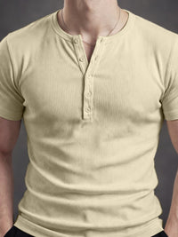 Biscuit Ribbed Henley Neck Half Sleeve T-Shirt