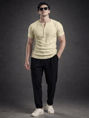 Biscuit Ribbed Henley Neck Half Sleeve T-Shirt