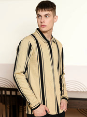 Cord Stripe Beige Full Sleeve Polo T-Shirt