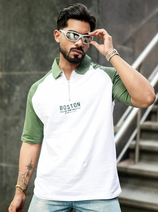 Boston Half Zipper White Polo Half Sleeve T-Shirt