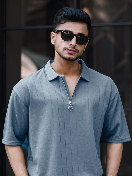 Brooklyn Half Zipper Light Grey Polo Half Sleeve T-Shirt