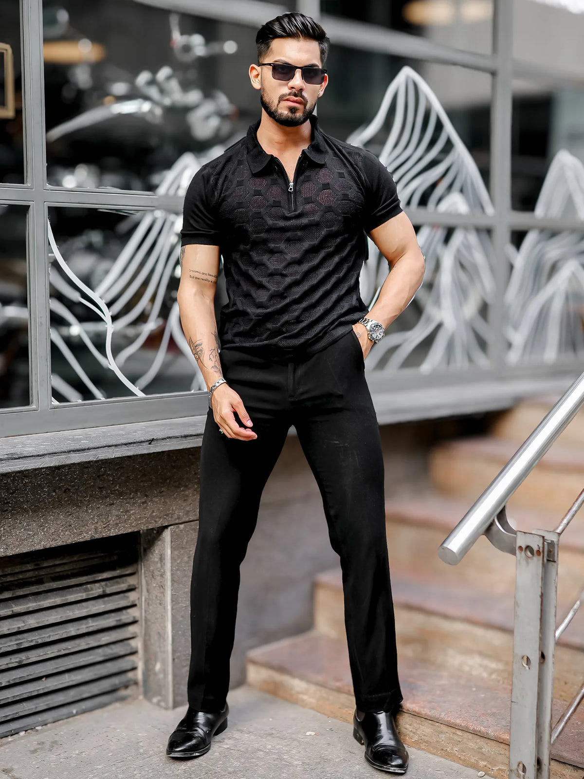 Black half sleeve diamond knit slim polo t-shirt for men - view 4