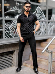 Diamond Knit Black Slim Half Sleeve Polo T-Shirt