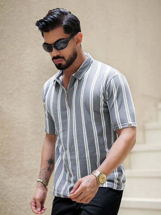 Line Strip Grey Half Sleeve Polo T-Shirt
