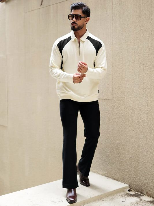 CutPanel Cream Full Sleeve Polo T-Shirt