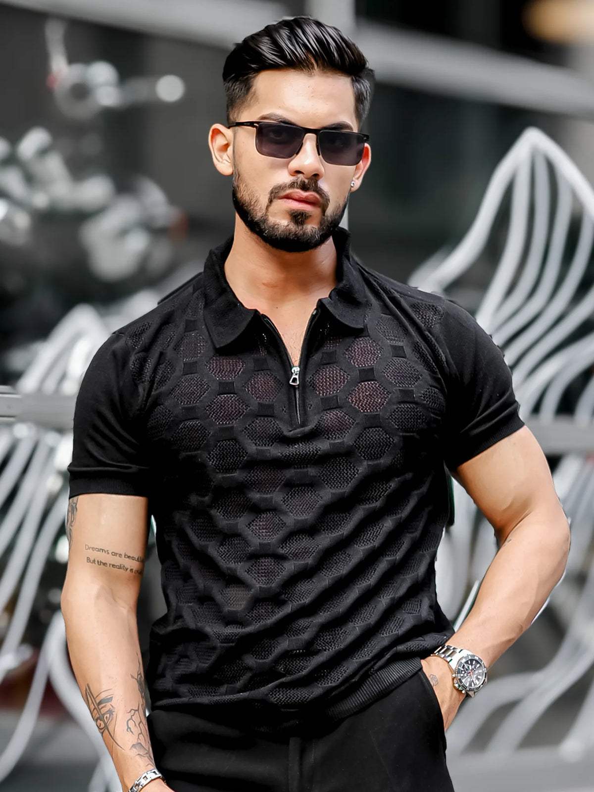 Black half sleeve diamond knit slim polo t-shirt for men - view 2