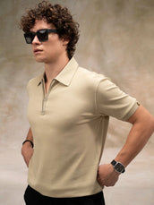 Beige Half Zipper Polo Half Sleeve T-Shirt
