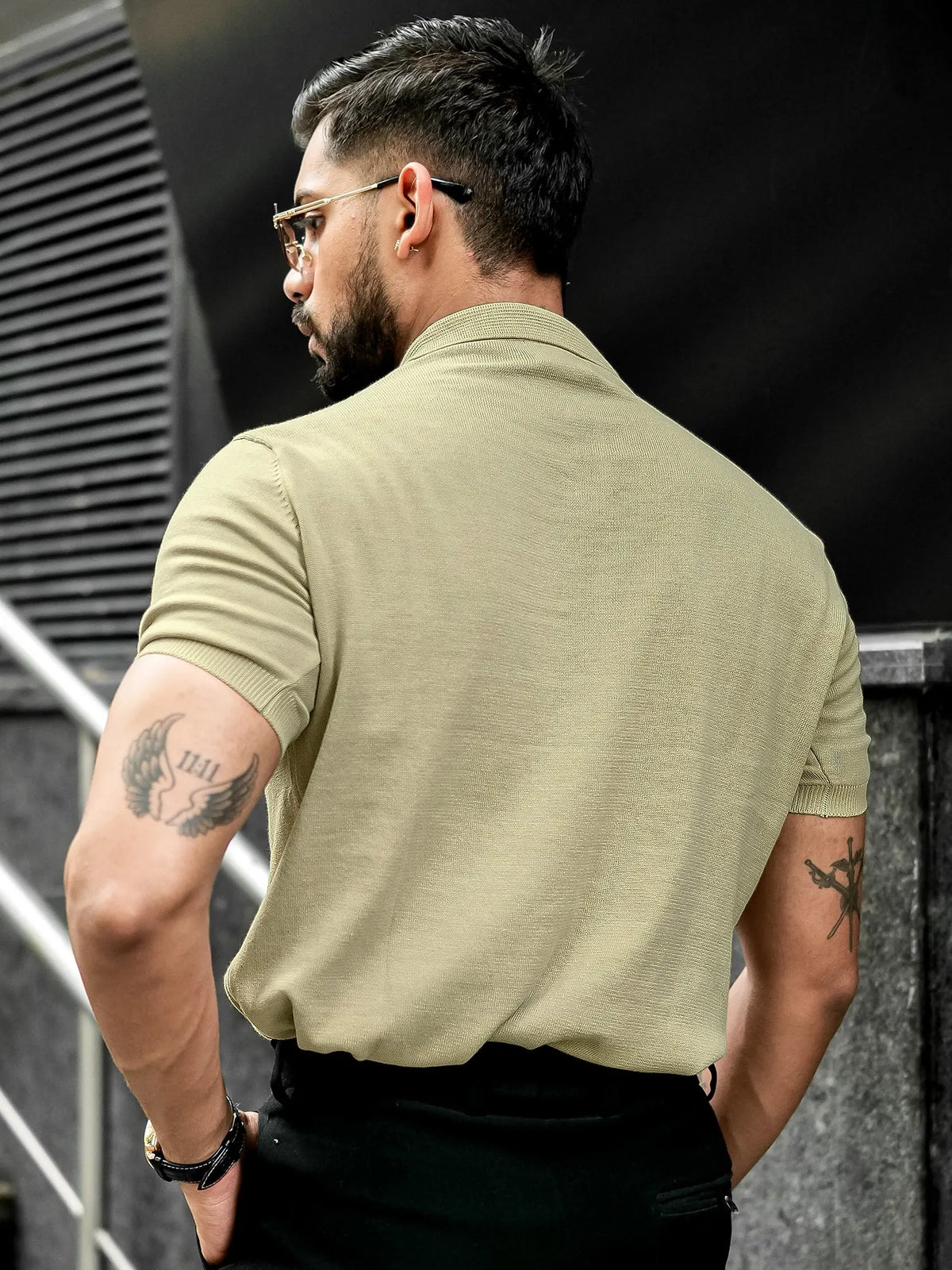Beige half sleeve flat knit slim polo t-shirt for men - view 4