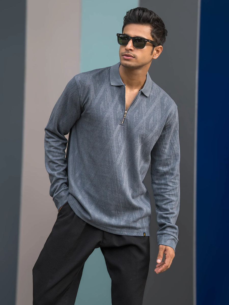 Opal Wave Light Grey Full Sleeve Polo T-Shirt