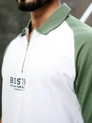 Boston Half Zipper White Polo Half Sleeve T-Shirt