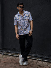 Double Pocket Multicolor Flower Printed Half Sleeve Shirt