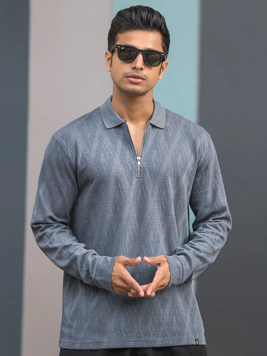 Opal Wave Light Grey Full Sleeve Polo T-Shirt