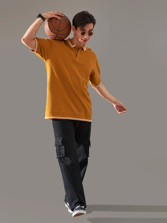 Triple Tuck Mustard Oversized Half Sleeve Polo T-Shirt