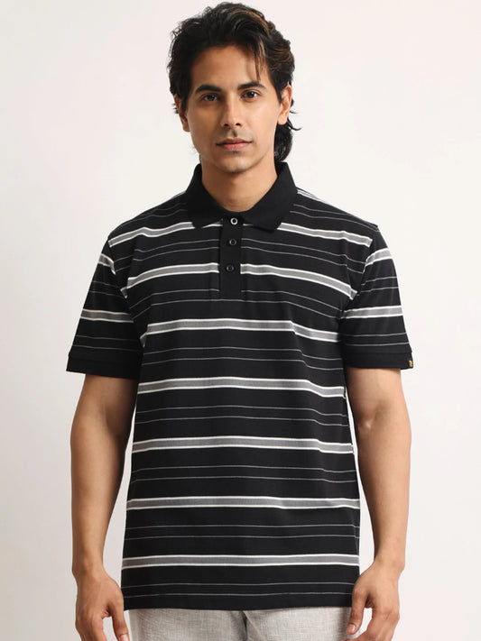Neutral Stripe Black, Grey Half Sleeve Polo T-Shirt