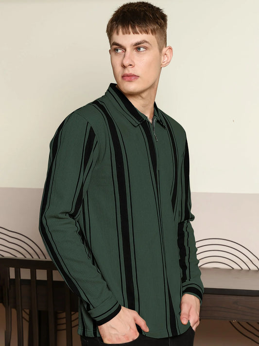 Cord Stripe Bottle Green Full Sleeve Polo T-Shirt