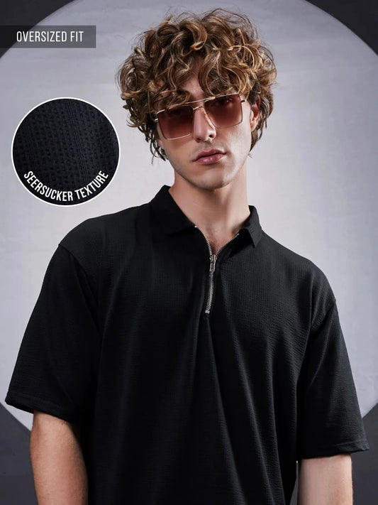 Seersucker Black Polo Half Sleeve T-Shirt