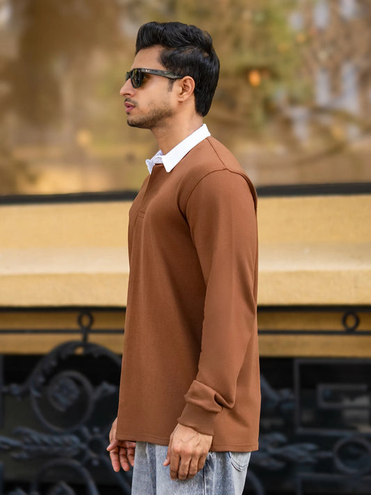 Plain Brown Full Sleeve Polo T-Shirt