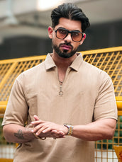 Brooklyn Half Zipper Beige Polo Half Sleeve T-Shirt