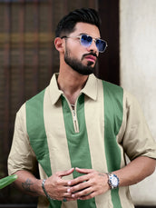 Bold Vertical Stripe Biscuit Polo Half Sleeve Tshirt