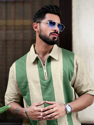 Bold Vertical Stripe Biscuit Polo Half Sleeve Tshirt