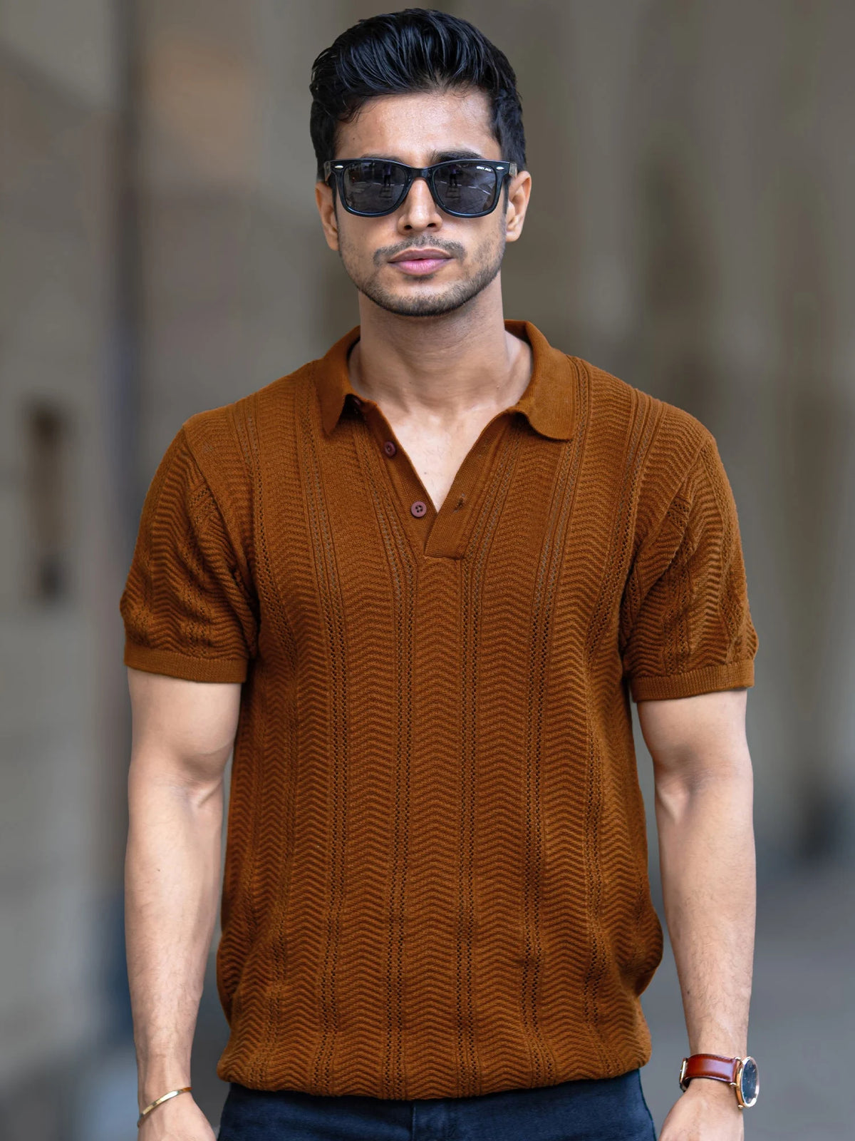 Brown half sleeve bohemian crochet t-shirt for men - view 3