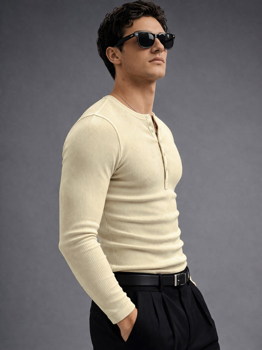 Biscuit Ribbed Henley Neck Full Sleeve T-Shirt