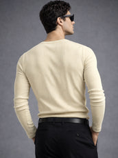 Biscuit Ribbed Henley Neck Full Sleeve T-Shirt
