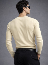 Biscuit Ribbed Henley Neck Full Sleeve T-Shirt