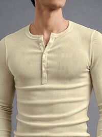 Biscuit Ribbed Henley Neck Full Sleeve T-Shirt