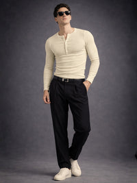 Biscuit Ribbed Henley Neck Full Sleeve T-Shirt