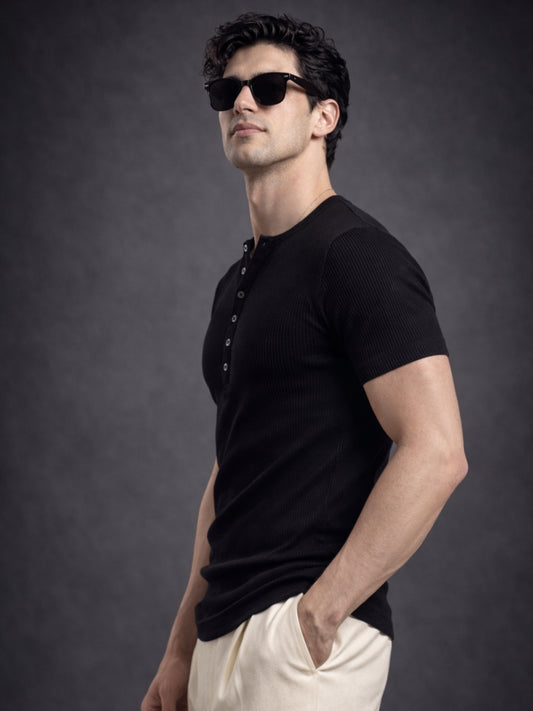 Black Ribbed Henley Neck Half Sleeve T-Shirt