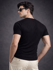 Black Ribbed Henley Neck Half Sleeve T-Shirt