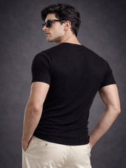 Black Ribbed Henley Neck Half Sleeve T-Shirt