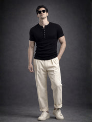 Black Ribbed Henley Neck Half Sleeve T-Shirt