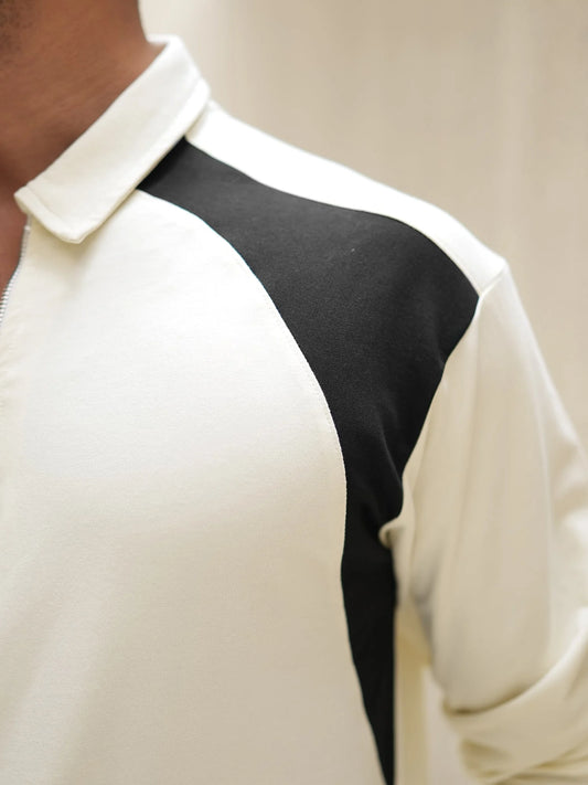 CutPanel Cream Full Sleeve Polo T-Shirt