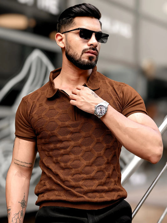 Diamond Knit Brown Slim Half Sleeve Polo T-Shirt