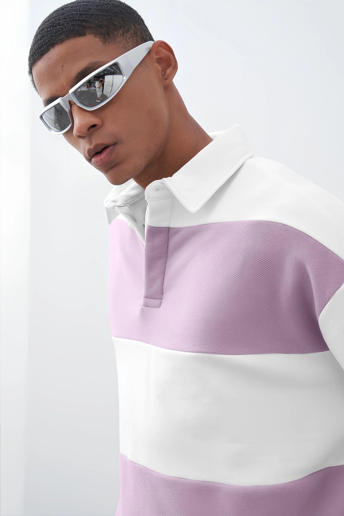 Lavender full sleeve colorblock white polo t-shirt for men - view 2