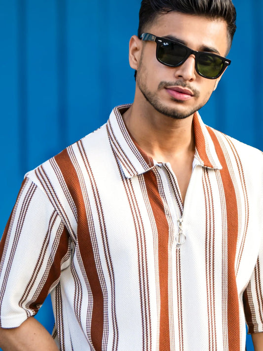 Barcode Half Zipper Brown Polo Half Sleeve T-Shirt
